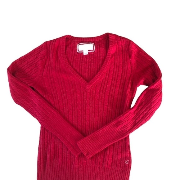 American Eagle V Neck Angora Blend Sweater Red Sz.LG Cable-Knit Cozy Soft LS - Picture 1 of 4